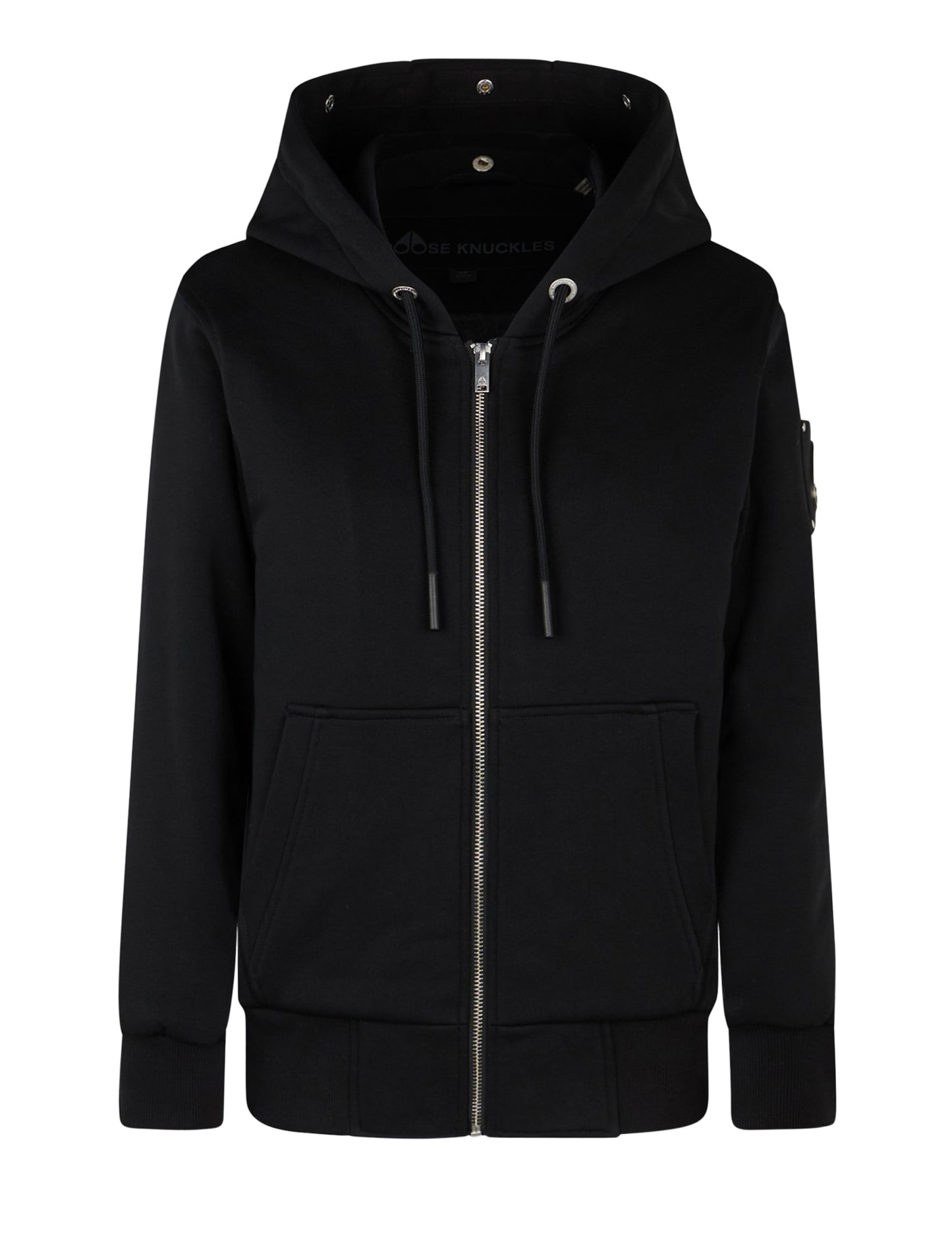 Black zip-up hoodie with drawstring hood and kangaroo pockets.