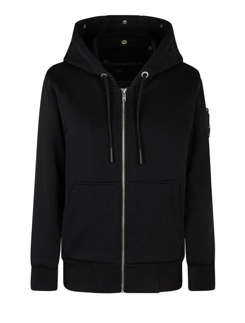 Black zip-up hoodie with drawstring hood and kangaroo pockets.