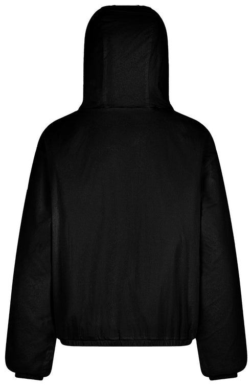 Back view of a black hooded jacket with long sleeves.