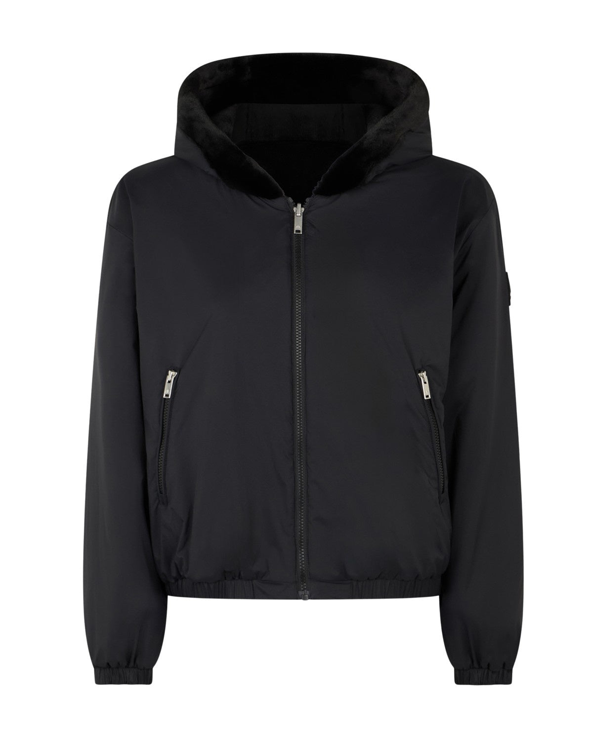 Black zip up hooded jacket with zip pockets.