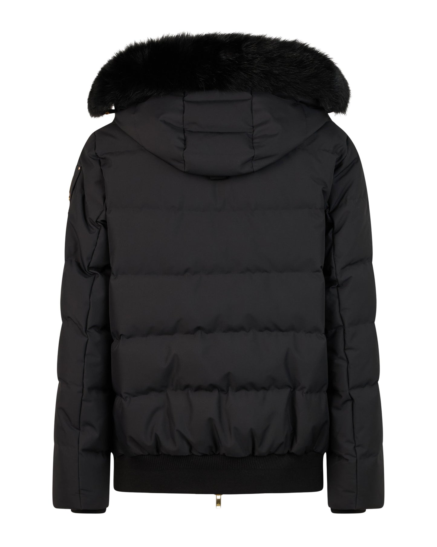 Back view of a black, quilted down bomber jacket with a fur-trimmed hood.