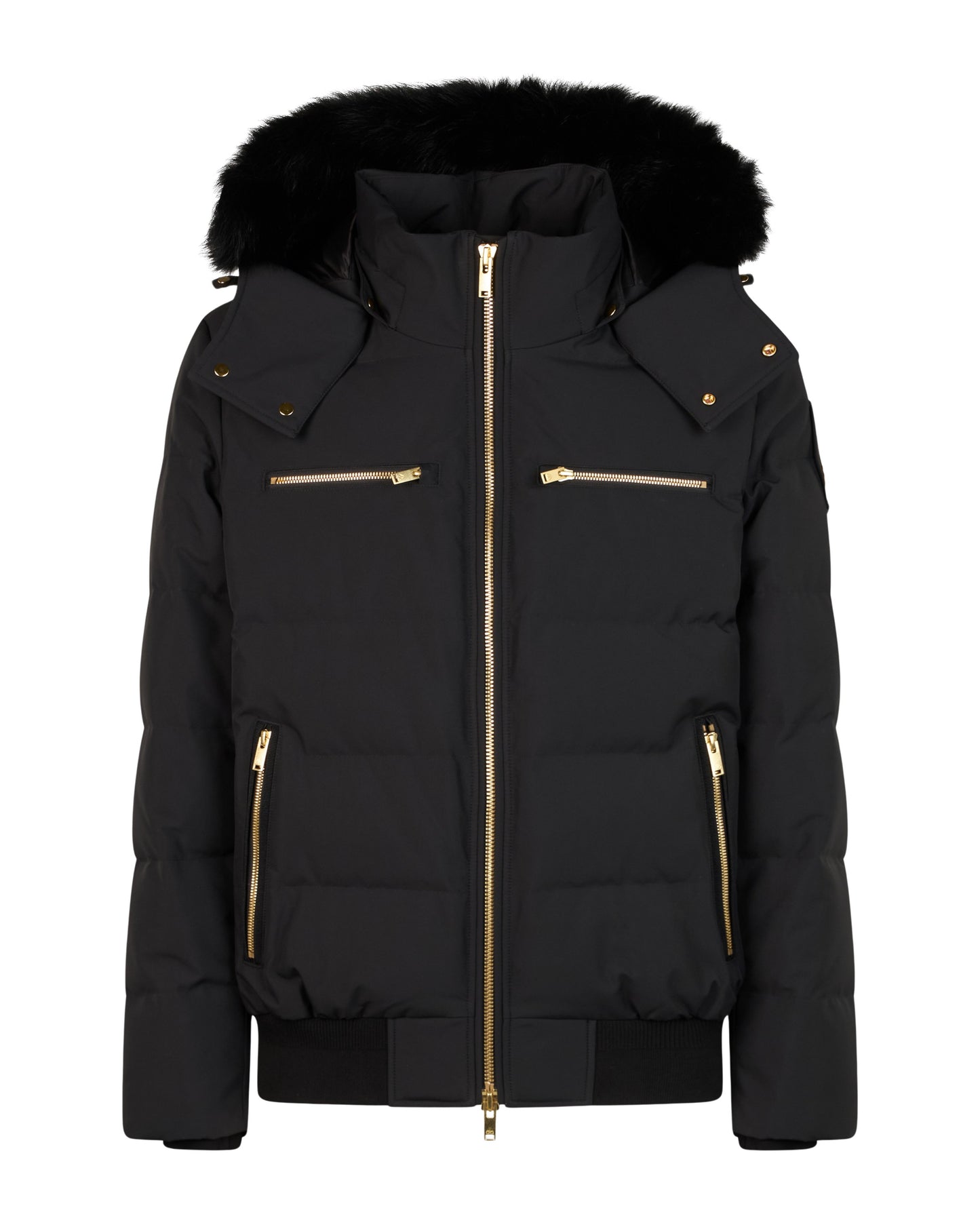 Black puffer jacket with fur-trimmed hood and gold zippers.