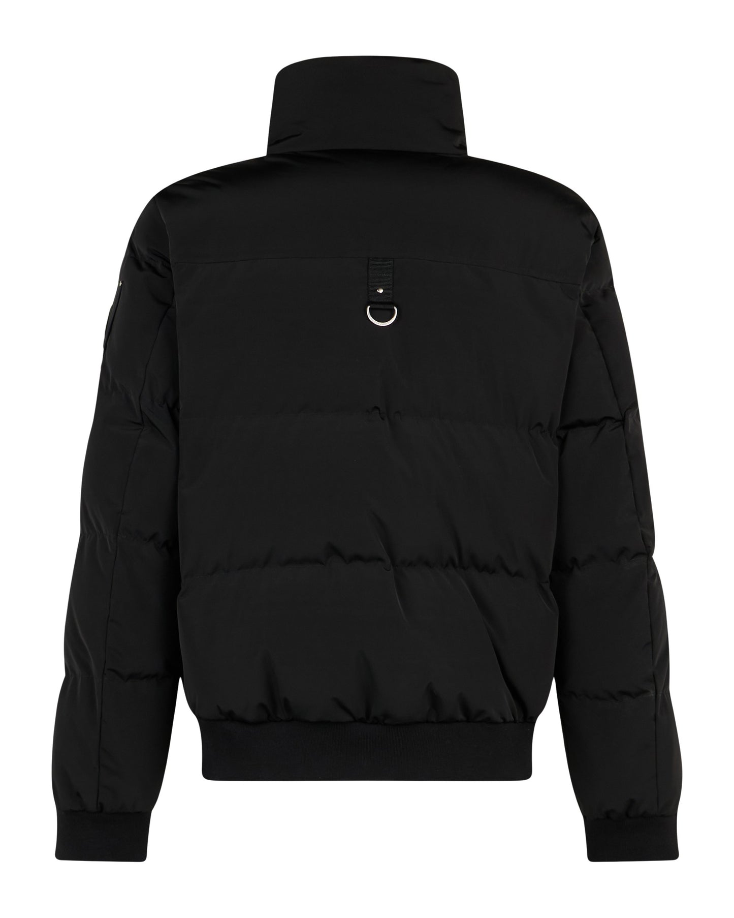 Black puffer jacket with a high collar and a silver ring detail on the back.