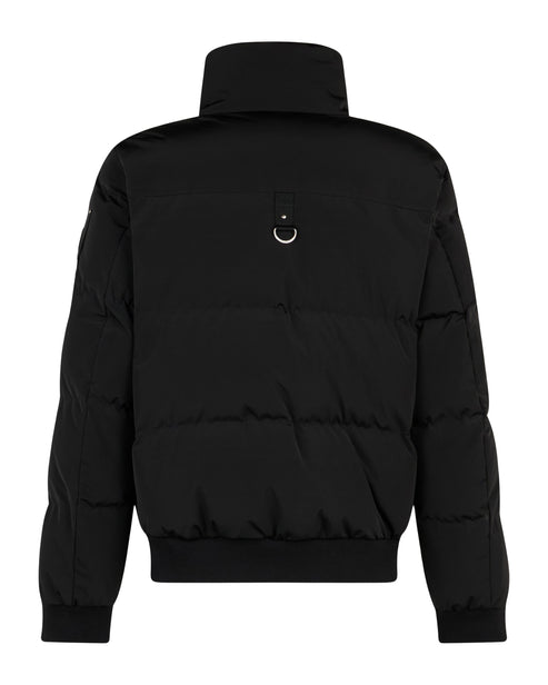 Black puffer jacket with a high collar and a silver ring detail on the back.