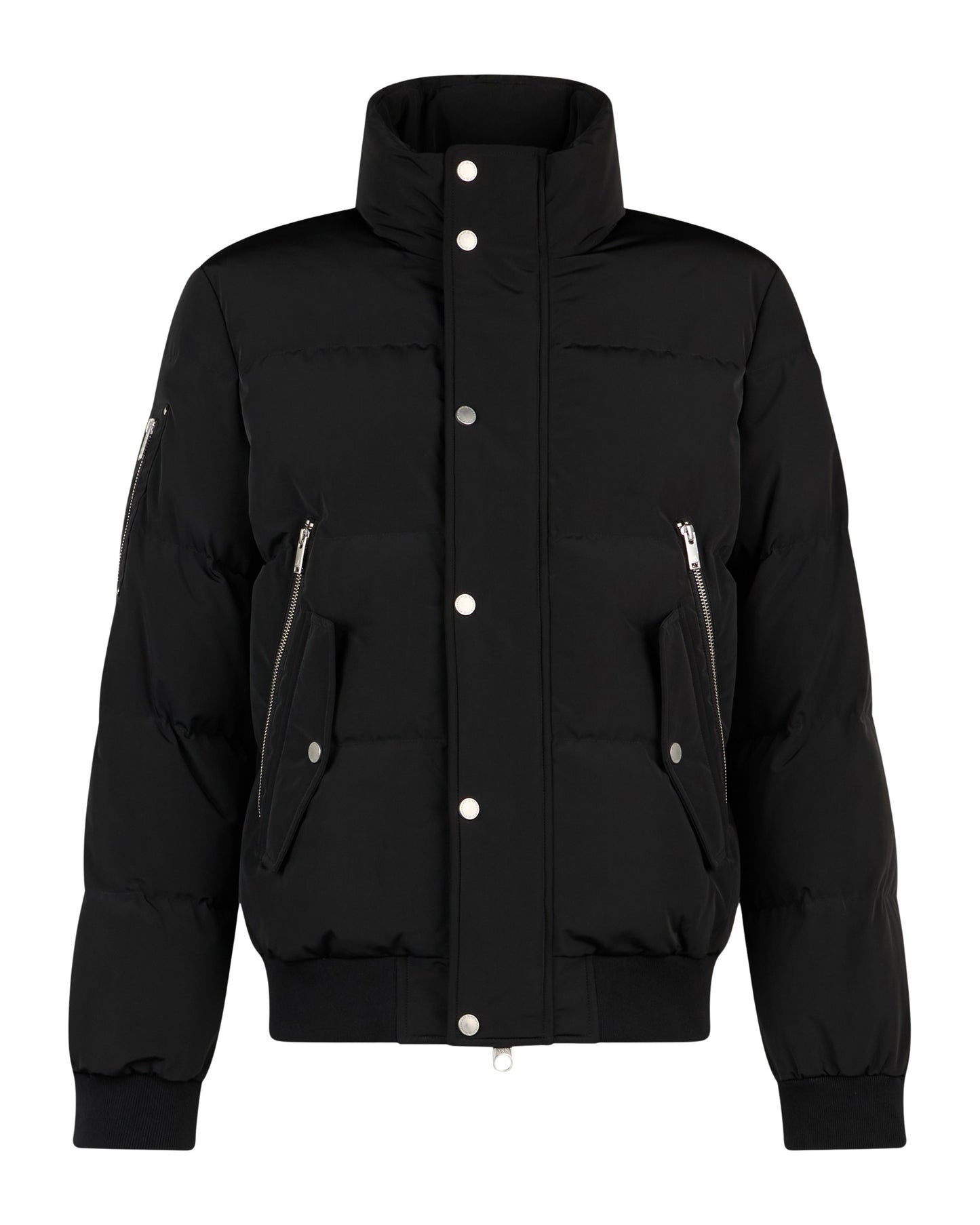 A black puffer jacket with metal snap closures and zippered pockets.