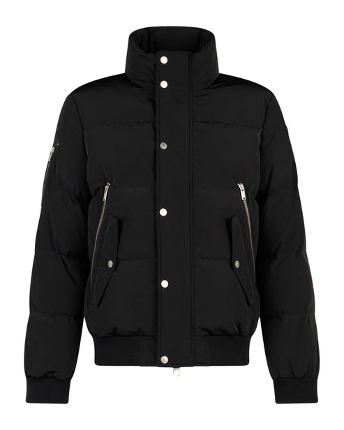 A black puffer jacket with metal snap closures and zippered pockets.