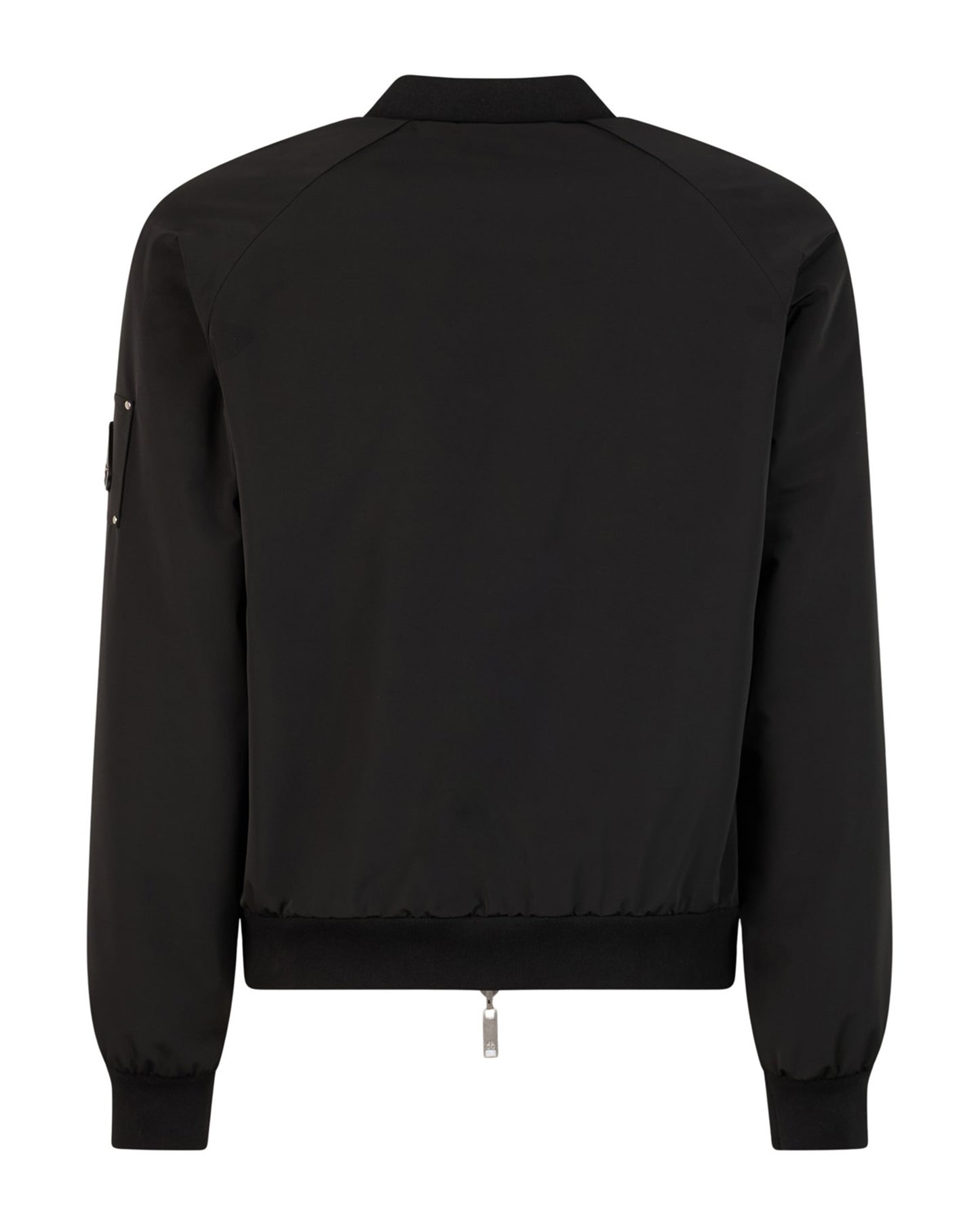 Black bomber jacket with long sleeves and zip-up front.