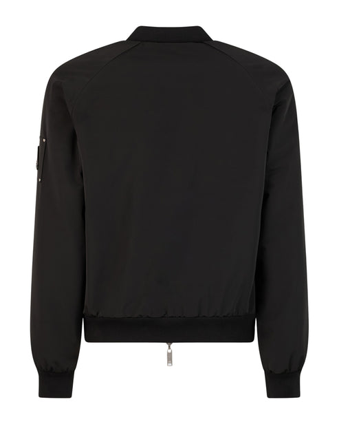 Black bomber jacket with long sleeves and zip-up front.