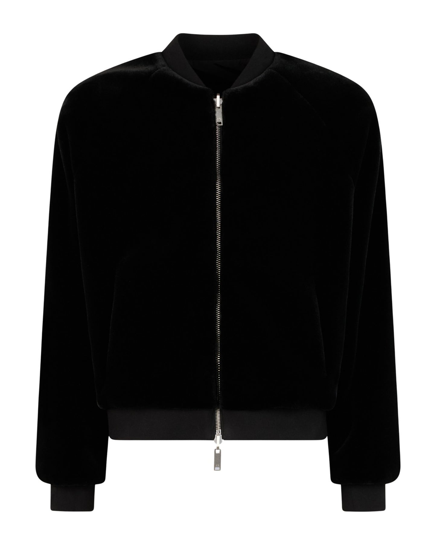 Black velvet bomber jacket with ribbed collar, cuffs, and hem; front zip closure.