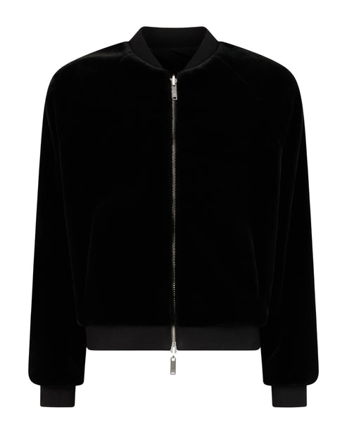 Black velvet bomber jacket with ribbed collar, cuffs, and hem; front zip closure.