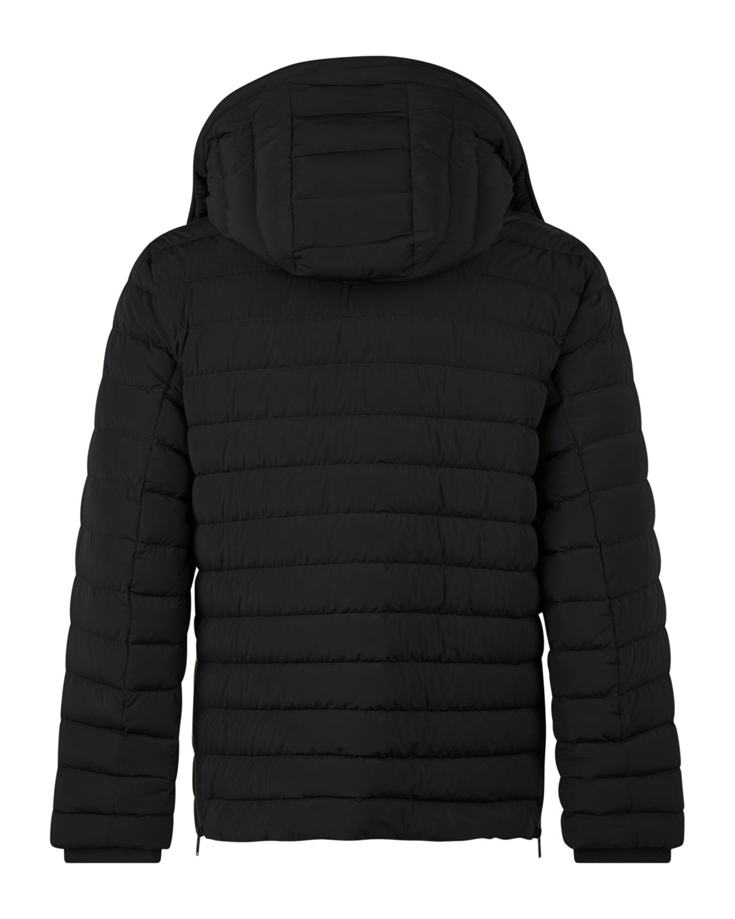 Back view of a black puffer coat with a hood.
