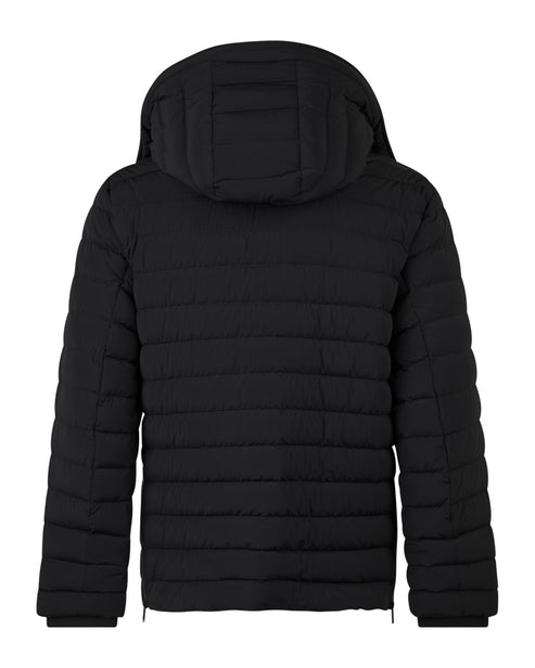 Back view of a black puffer coat with a hood.