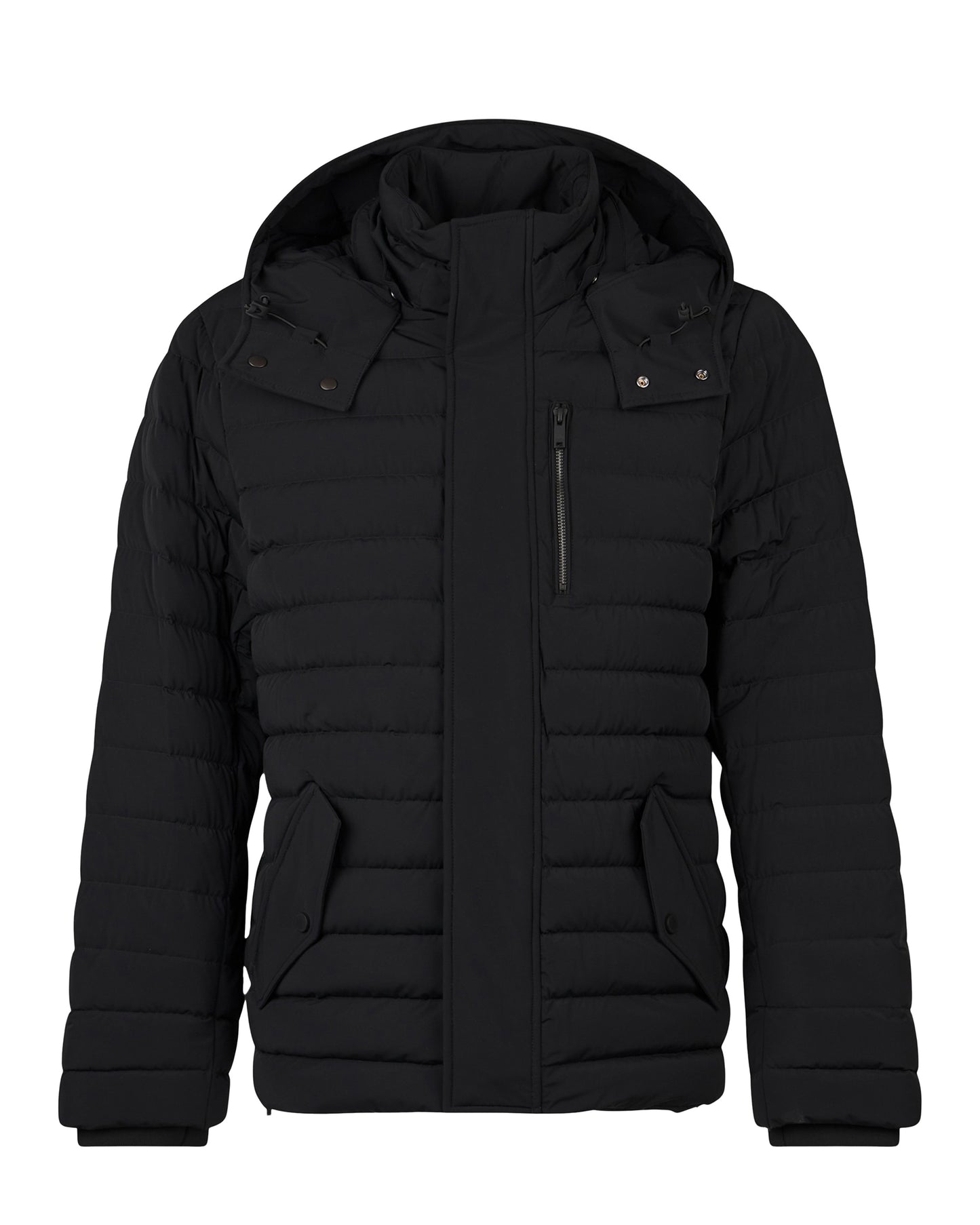 Black hooded puffer jacket with front pockets.