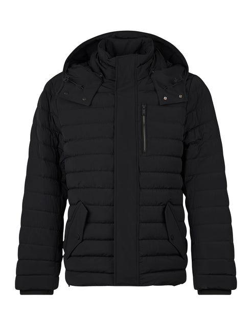 Black hooded puffer jacket with front pockets.