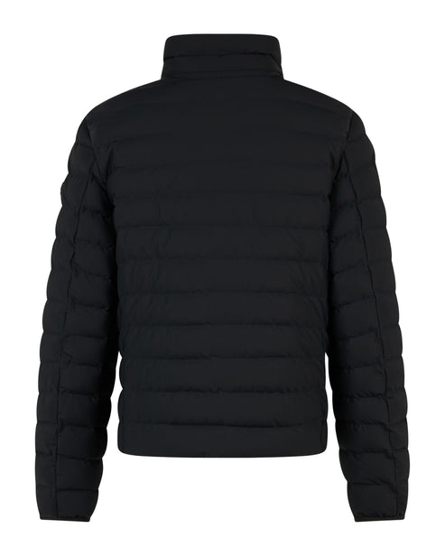 Black, insulated puffer jacket, back view.