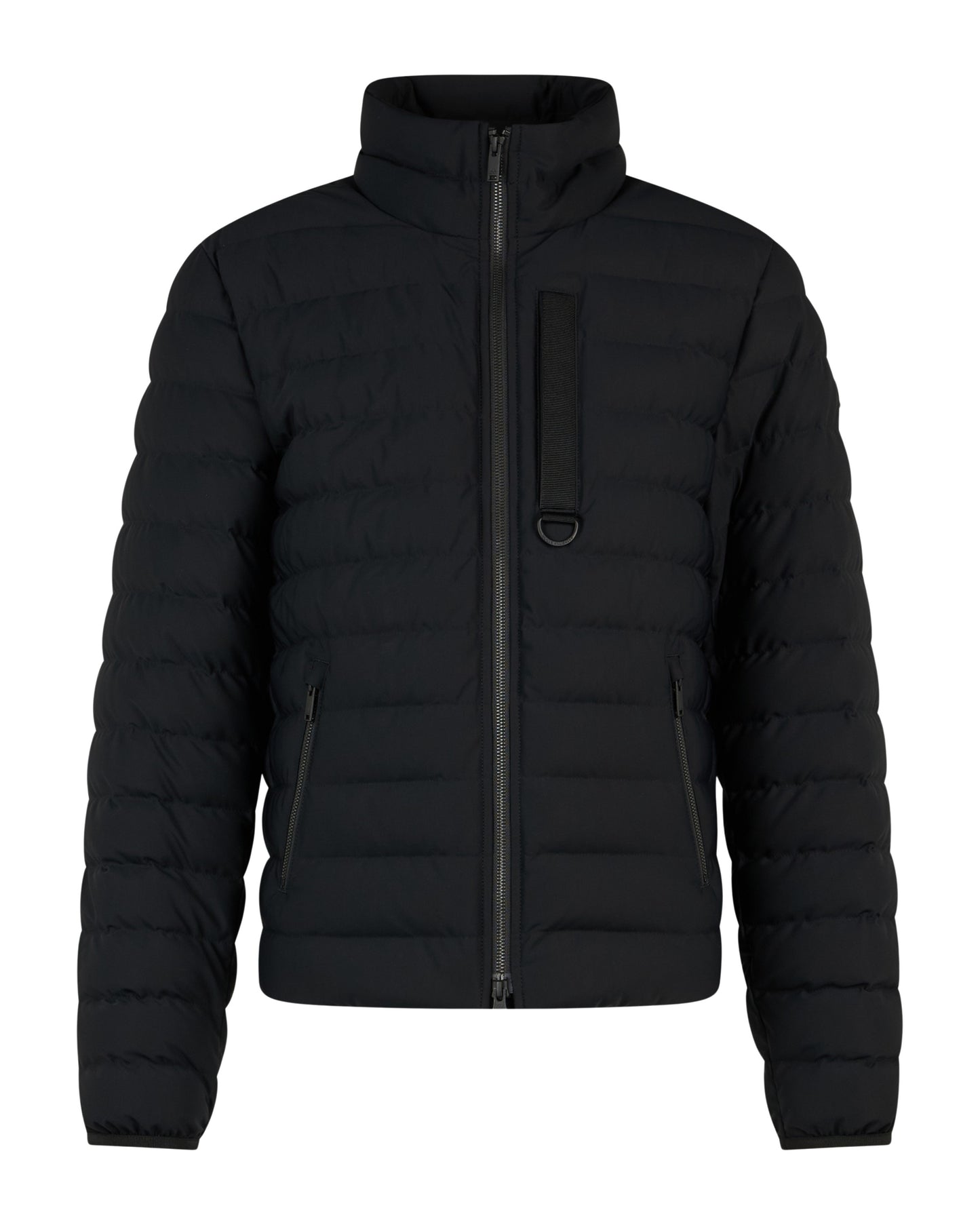 Black puffer jacket with a high collar and a vertical zipper.