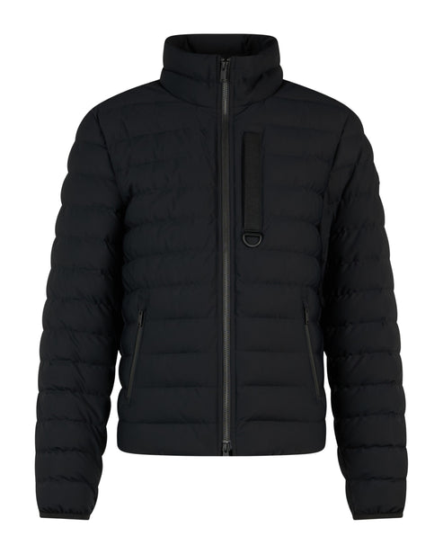 Black puffer jacket with a high collar and a vertical zipper.