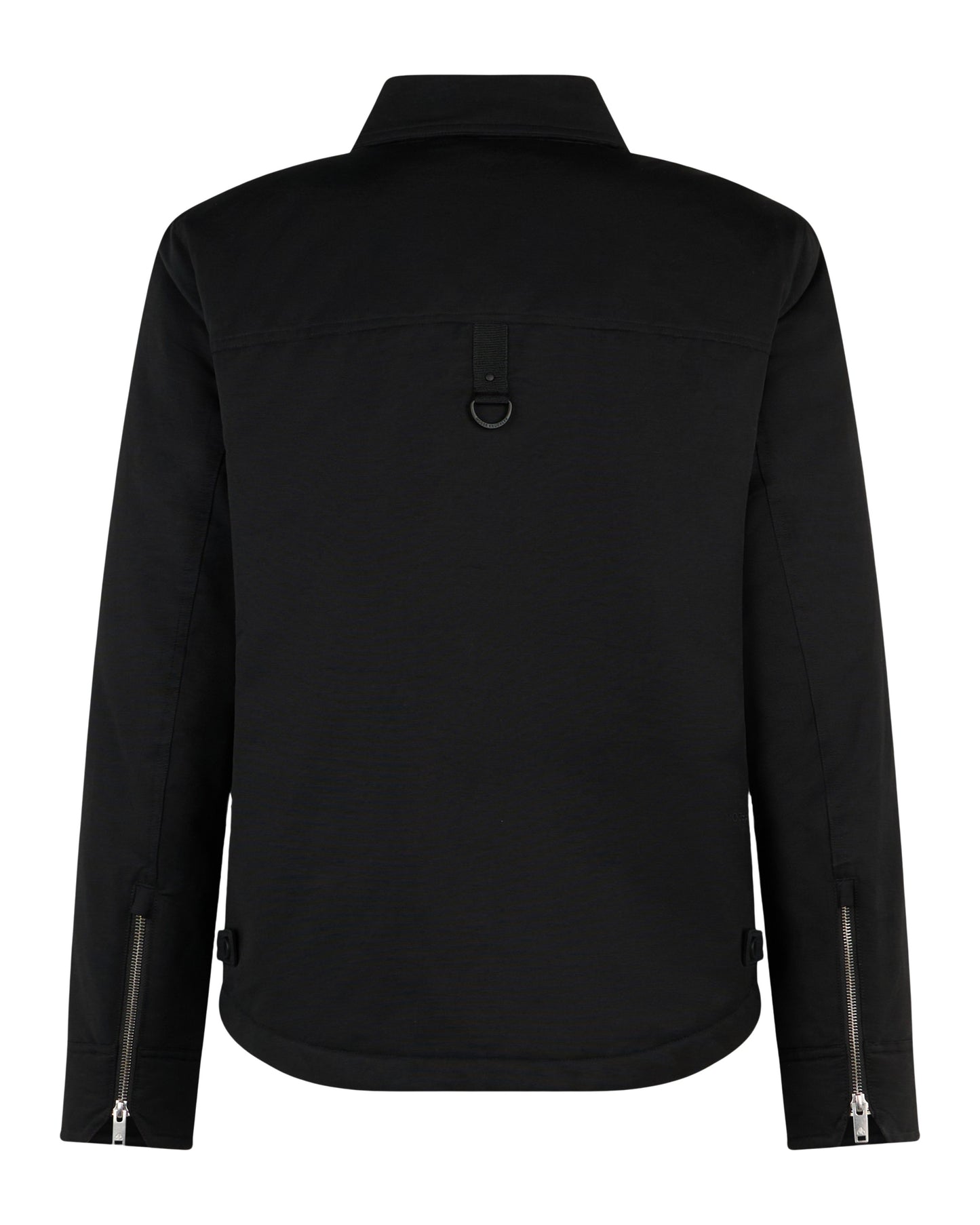 Back view of a black jacket with long sleeves and silver zippers at the cuffs.