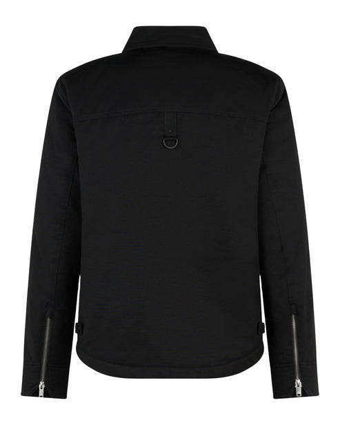 Back view of a black jacket with long sleeves and silver zippers at the cuffs.