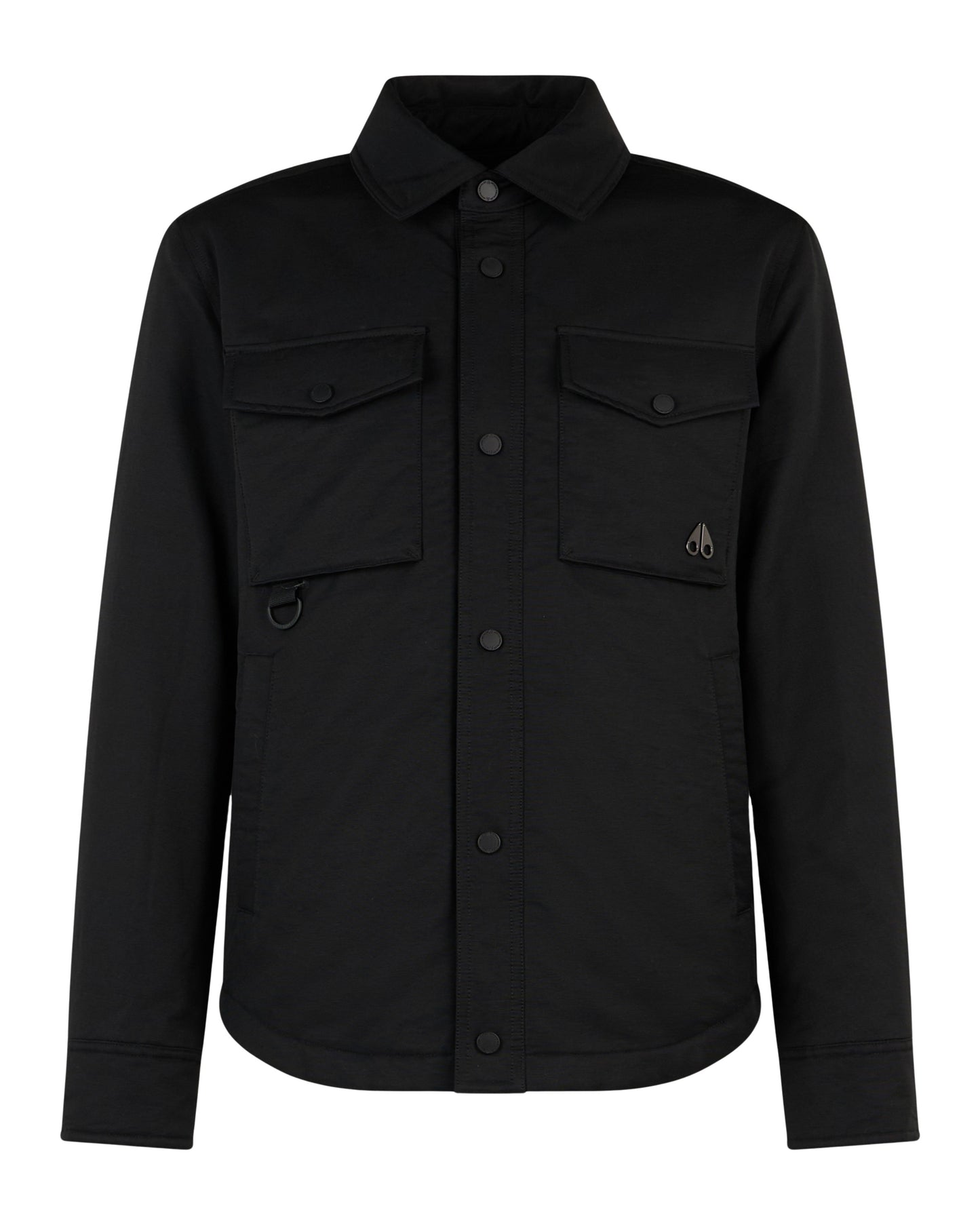 Black button-up shirt jacket with front pockets and long sleeves.
