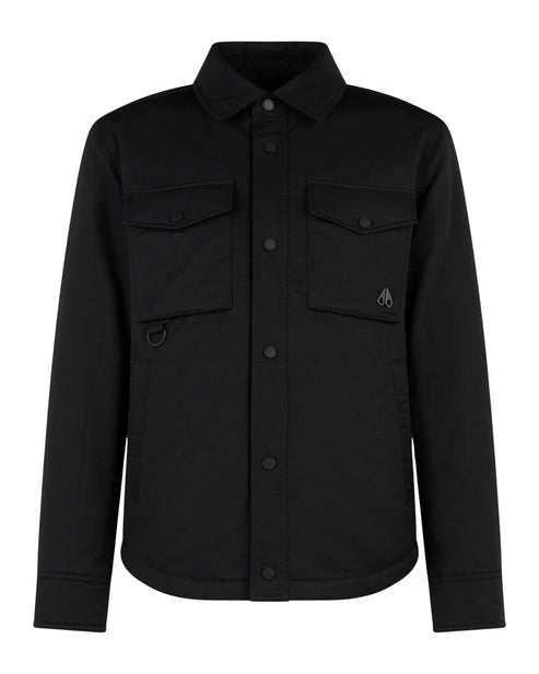 Black button-up shirt jacket with front pockets and long sleeves.