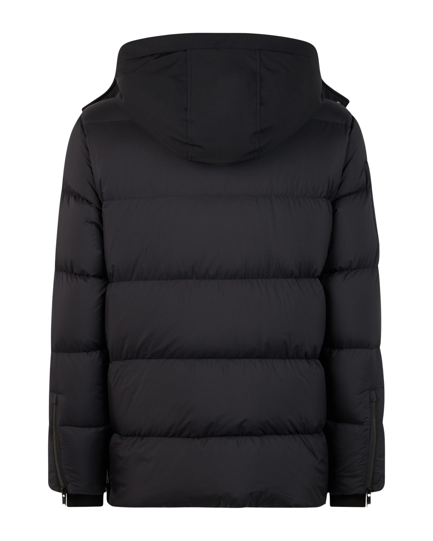 Black puffer jacket with a hood, shown from the back.