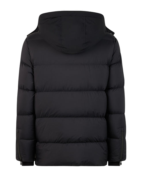 Black puffer jacket with a hood, shown from the back.