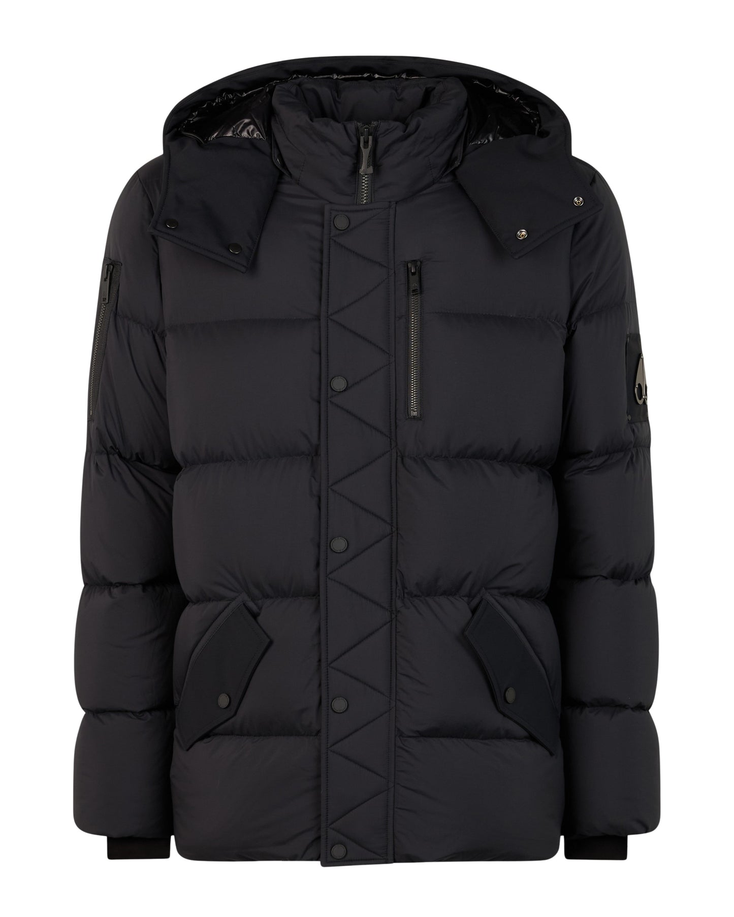 Black, hooded puffer jacket with buttoned front.