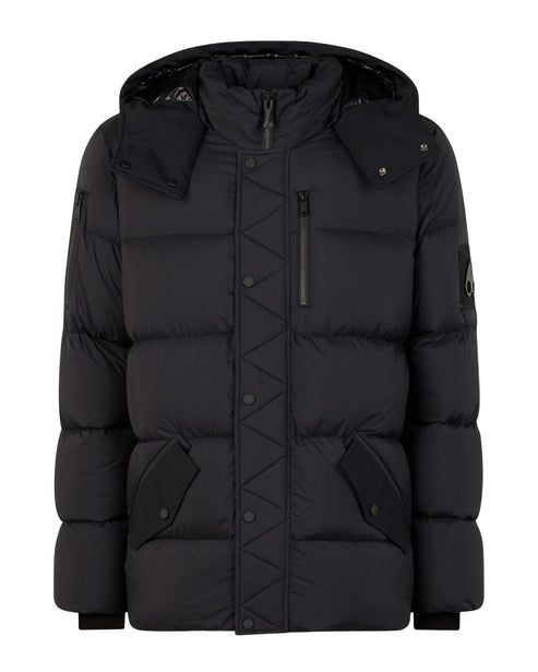 Black, hooded puffer jacket with buttoned front.