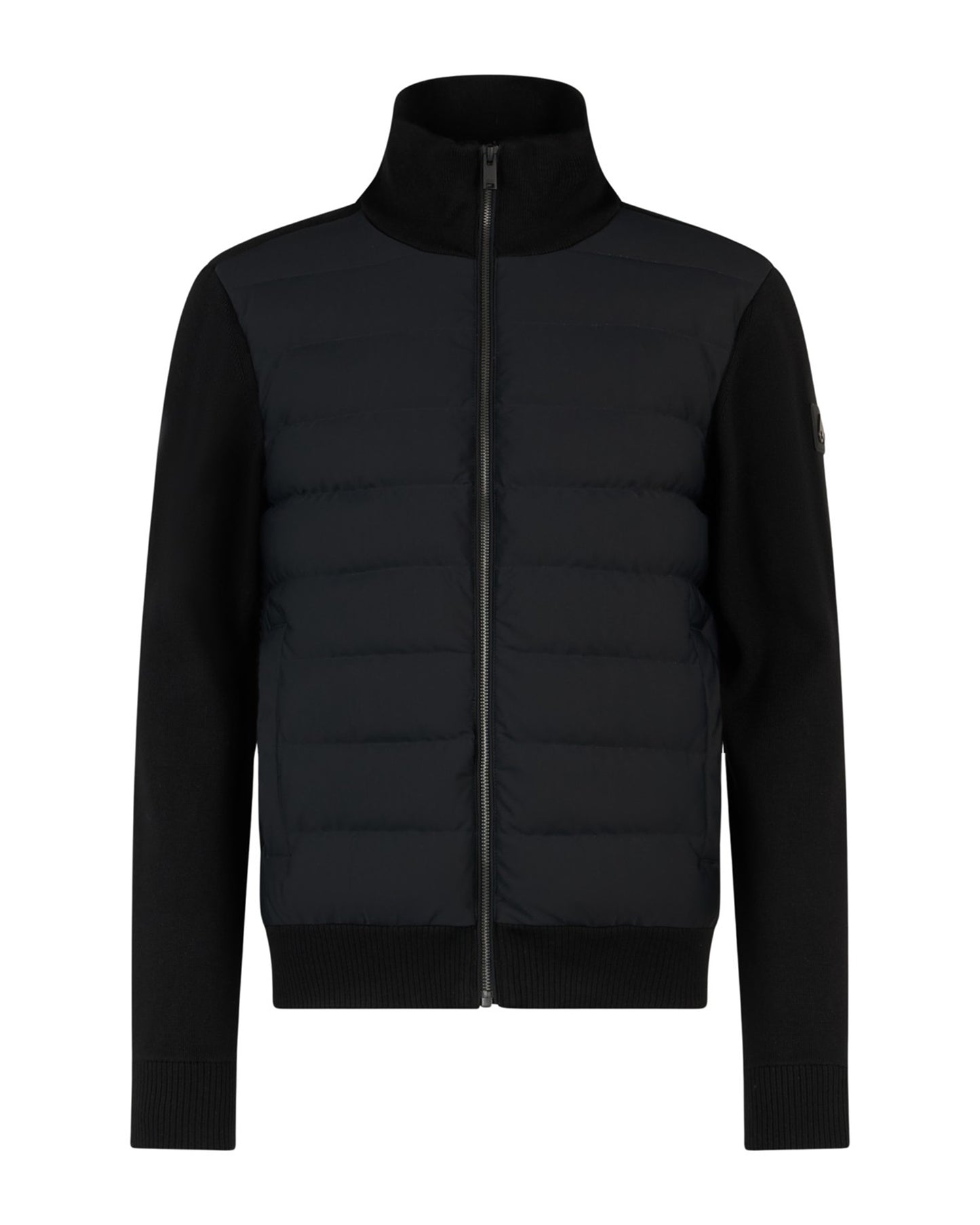 Black zip-up jacket with quilted front and knit sleeves.