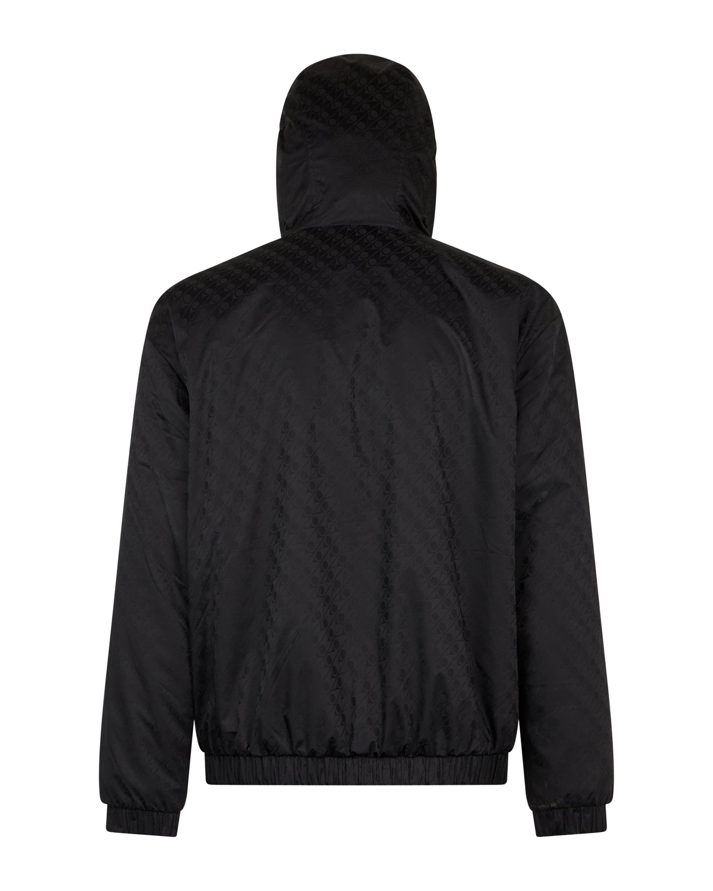 Black hooded jacket, back view.