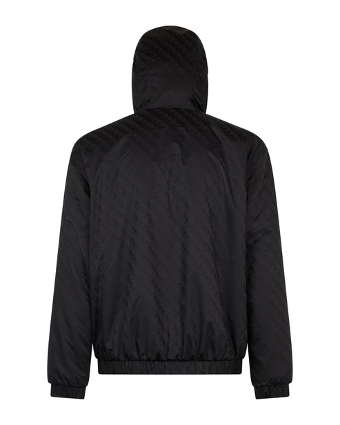 Black hooded jacket, back view.