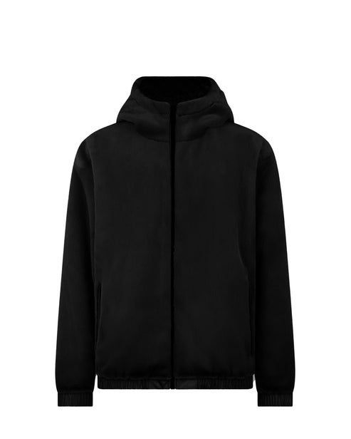 Black hooded jacket with zipper.