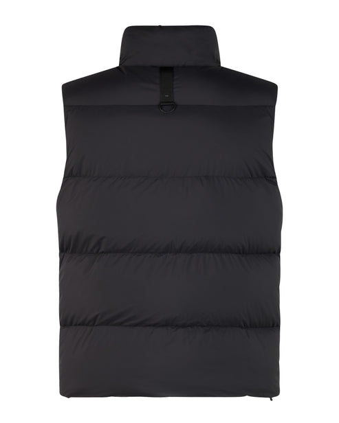 Back of a black puffer vest with a high collar.
