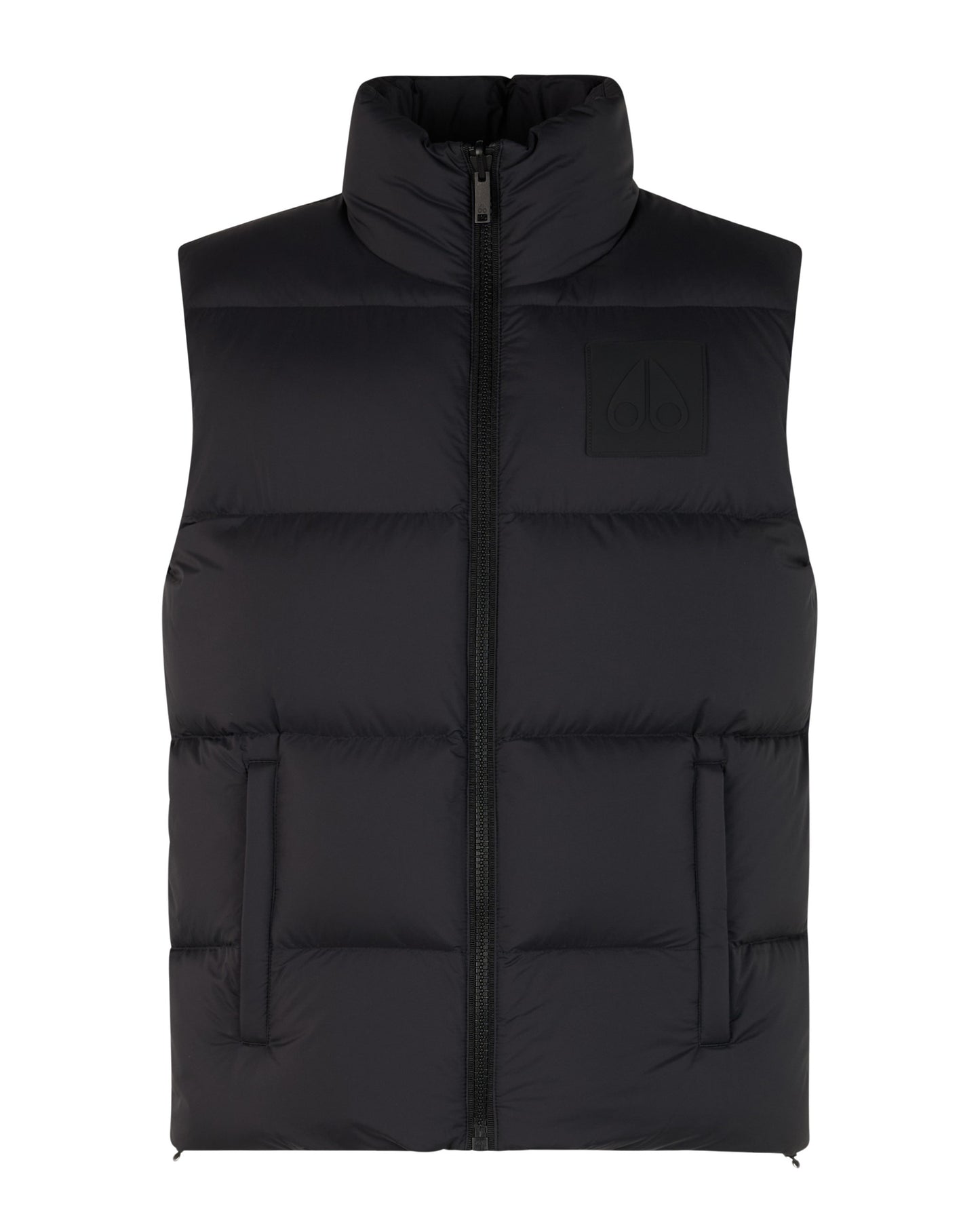 Black puffer vest with high collar, full zipper, and two pockets.