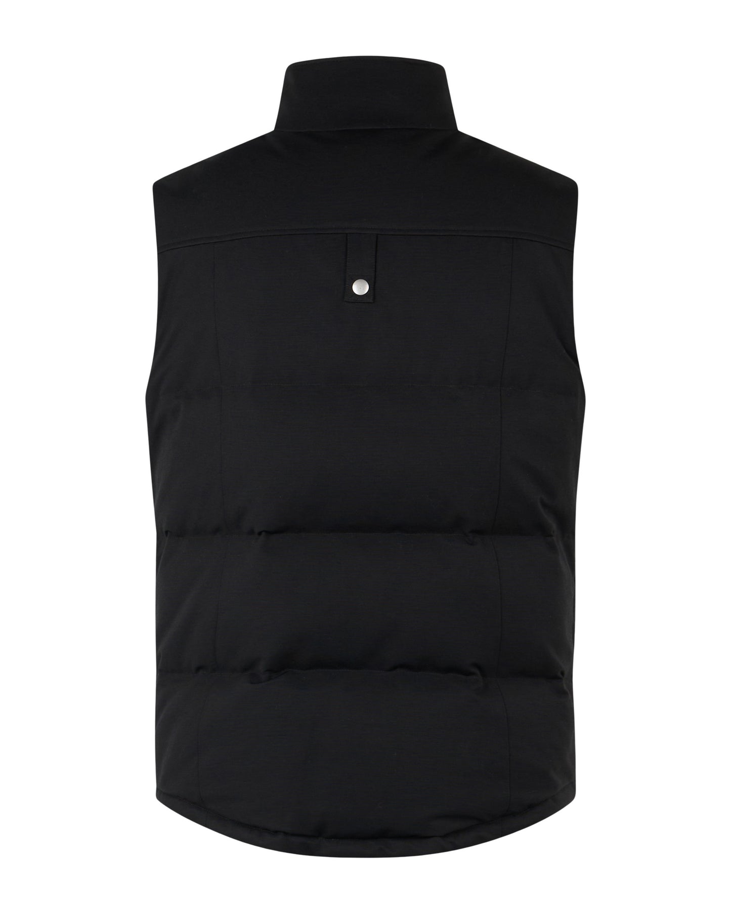 Black quilted vest with a high collar and a snap closure at the neck.