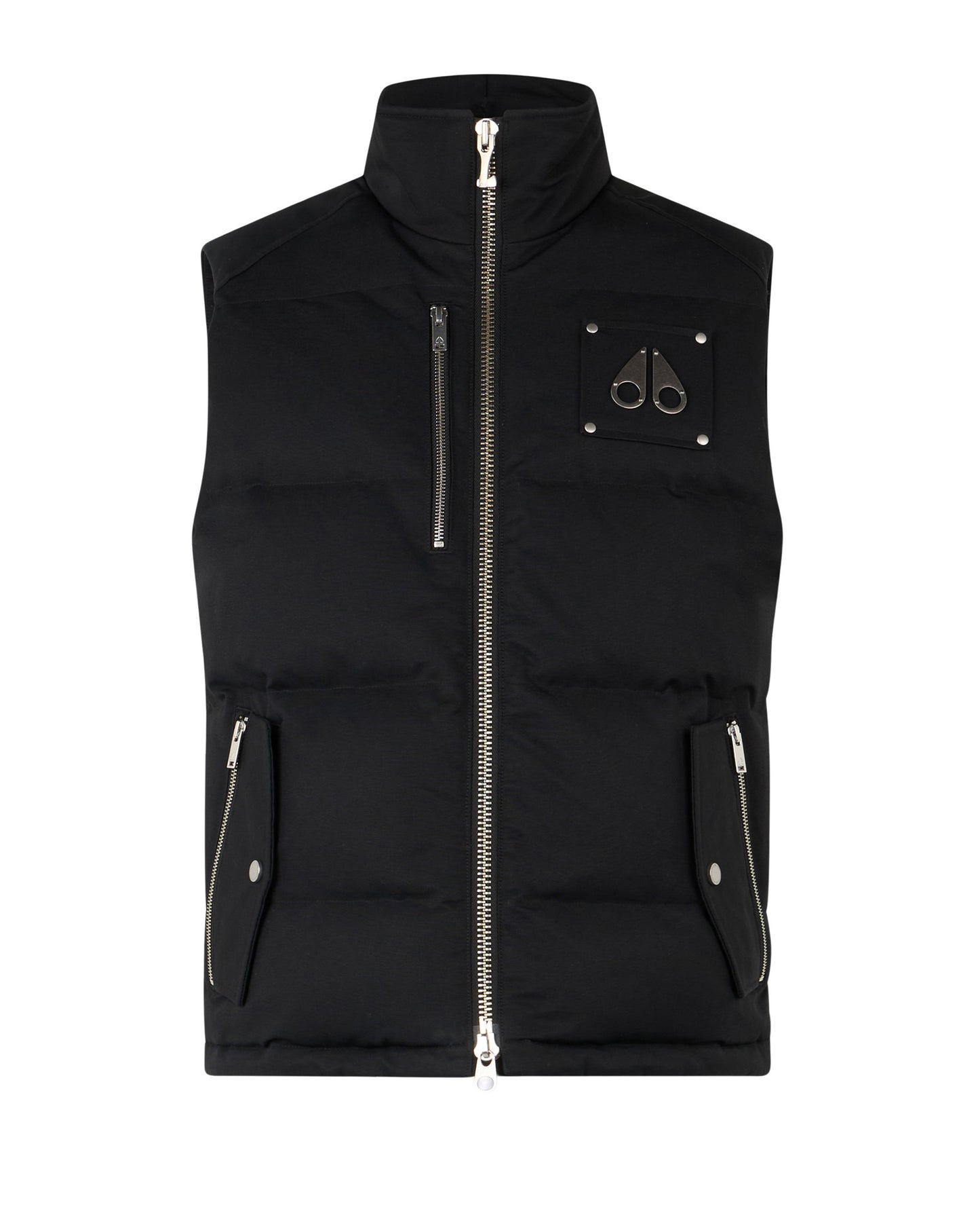 Black puffer vest with a silver zipper closure, silver pocket zippers, and silver metal logo on the upper chest.
