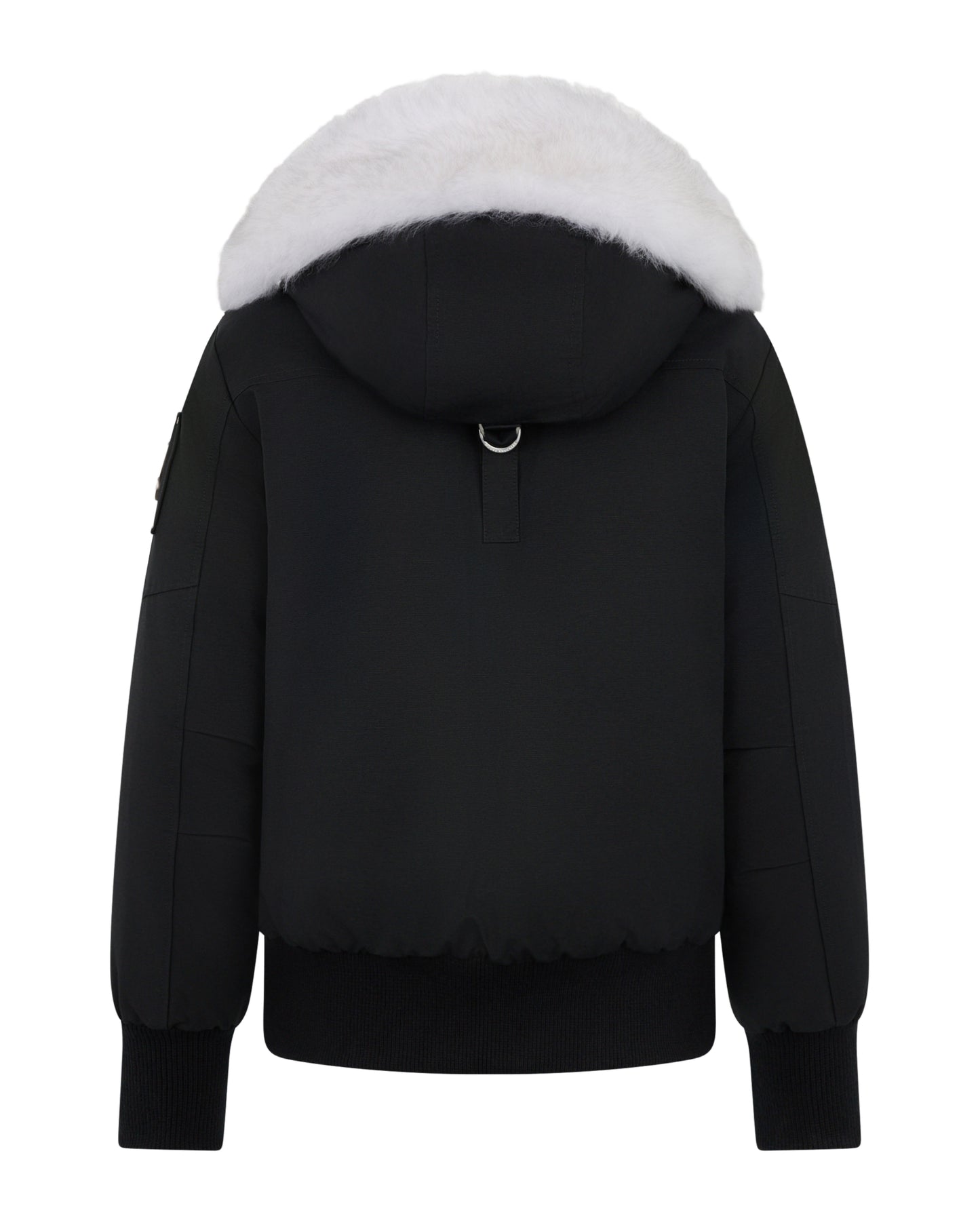 Back view of a black bomber jacket with a white fur-lined hood.
