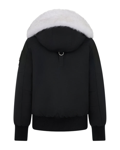 Back view of a black bomber jacket with a white fur-lined hood.