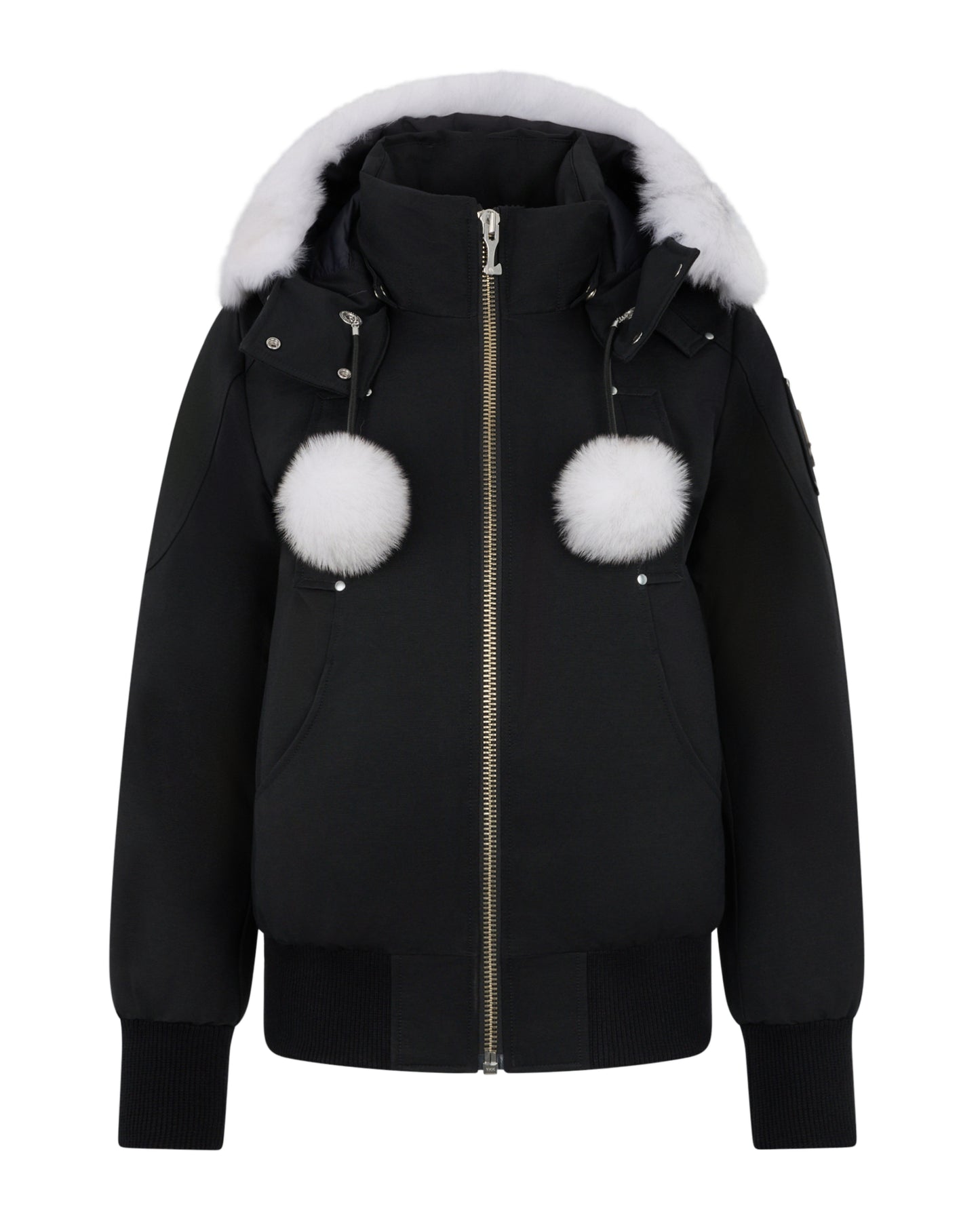 Black bomber jacket with white fur hood and pom-poms.
