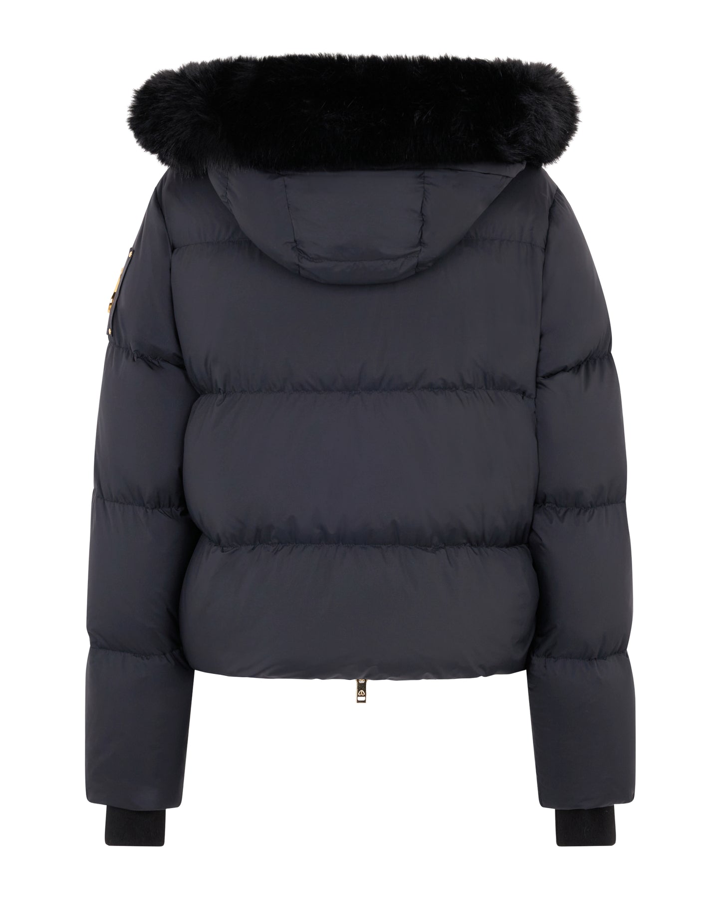 A navy puffer jacket with a black fur-lined hood.