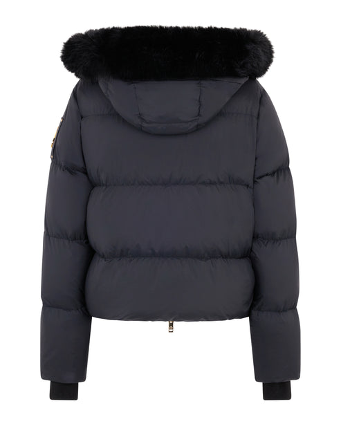 A navy puffer jacket with a black fur-lined hood.
