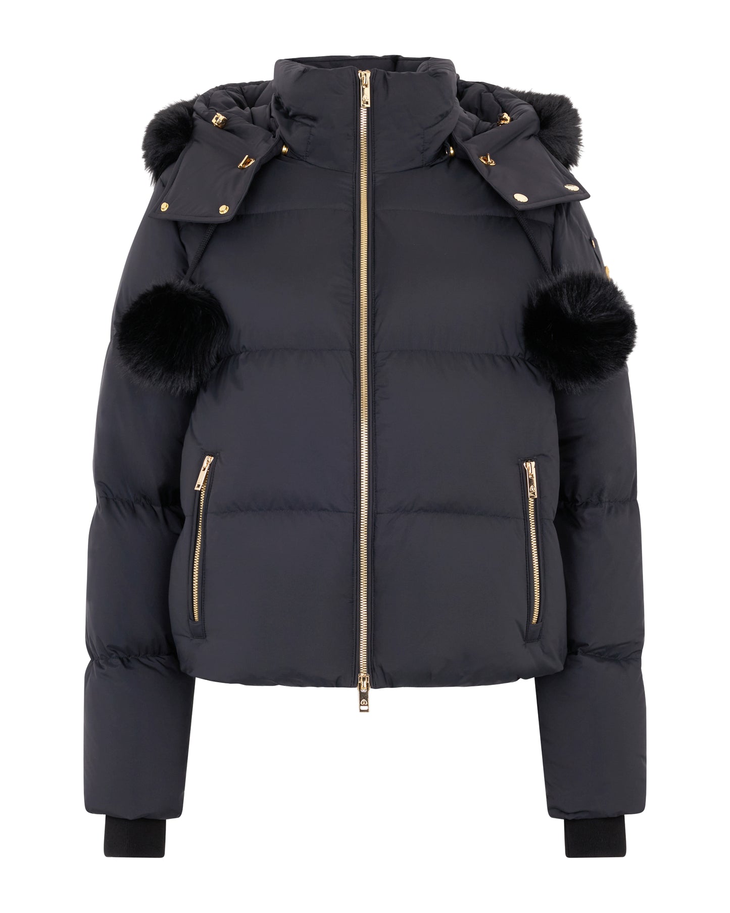 Black puffer jacket with fur hood trim and fur pompoms on sleeves.
