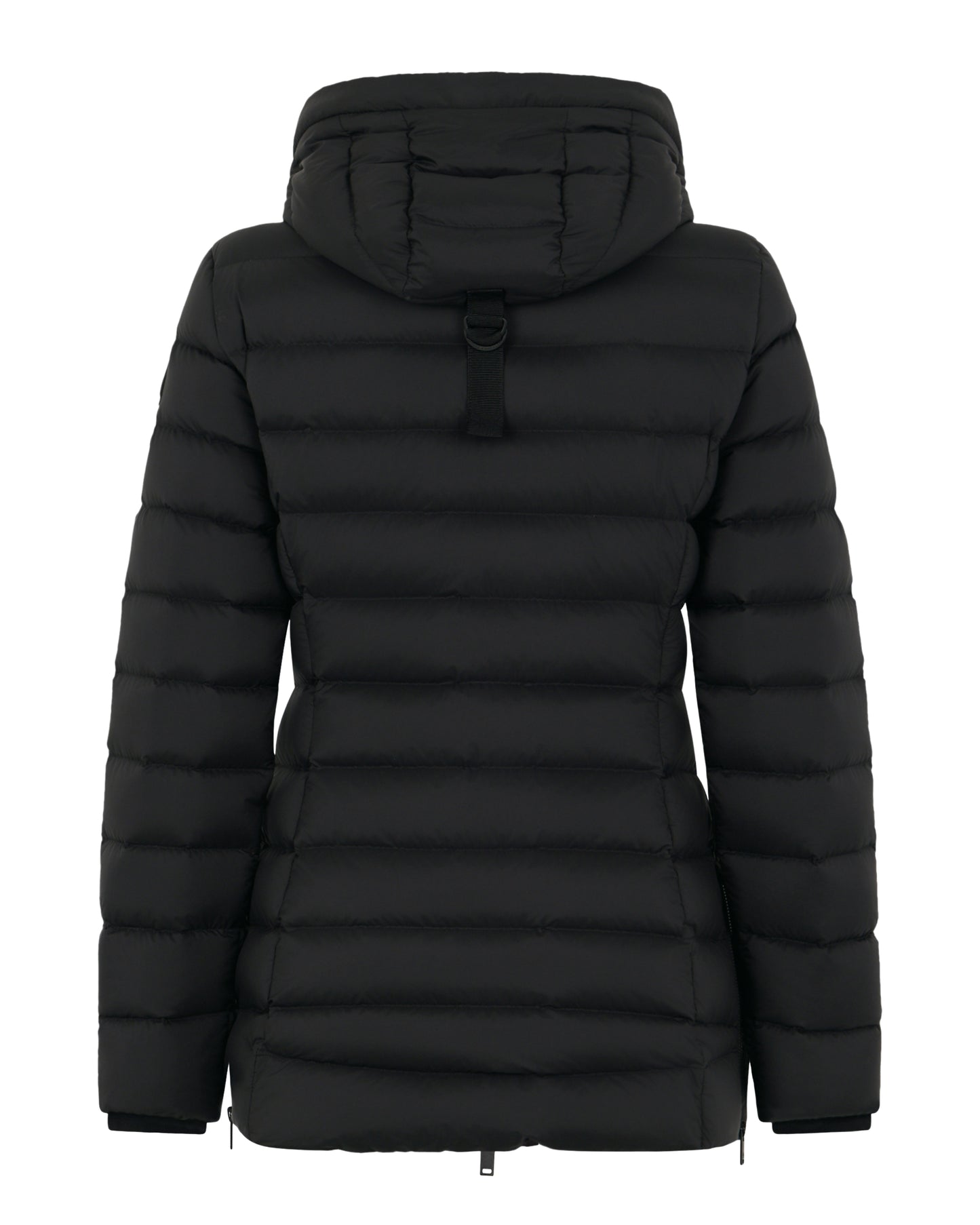 Black puffer jacket with hood, rear view.