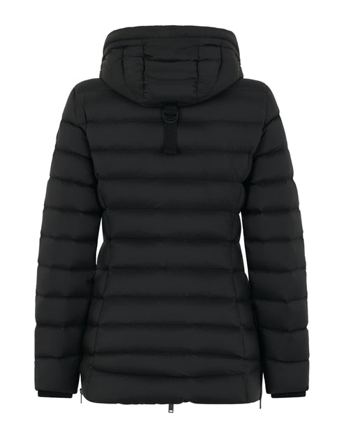 Black puffer jacket with hood, rear view.