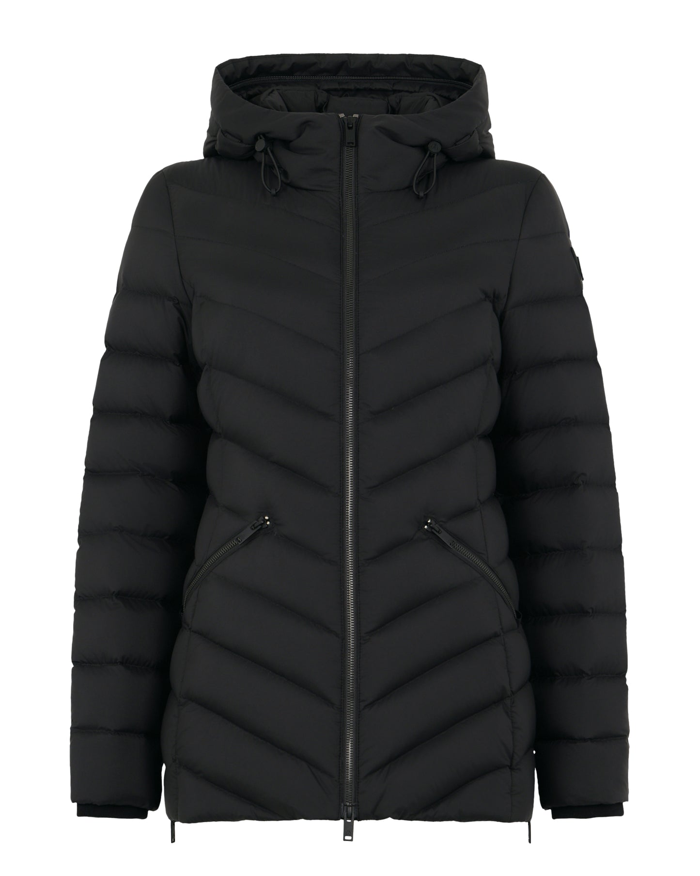 Black puffer jacket with hood and angled quilting.