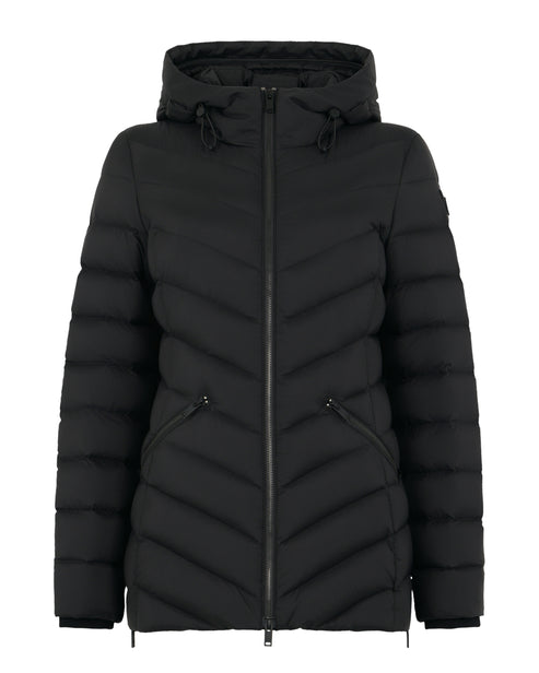 Black puffer jacket with hood and angled quilting.