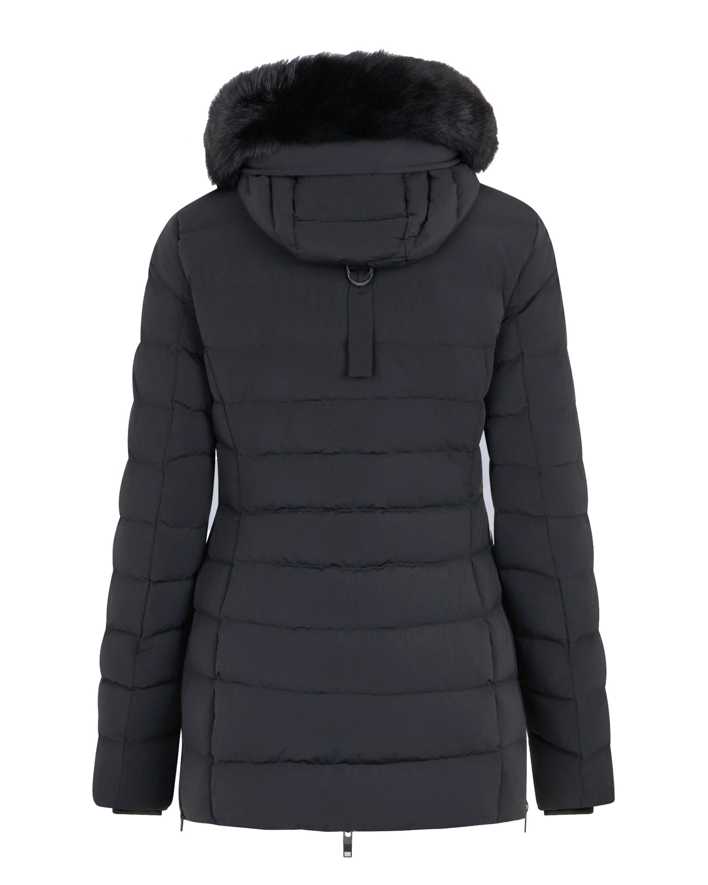 Back view of a black, quilted, down-filled parka with fur trim on the hood.