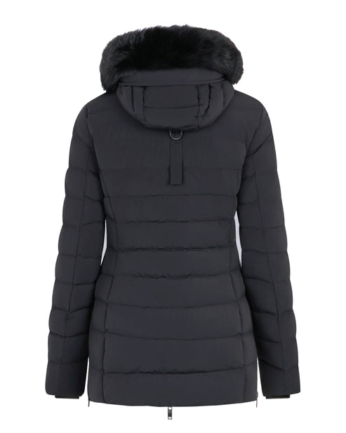 Back view of a black, quilted, down-filled parka with fur trim on the hood.