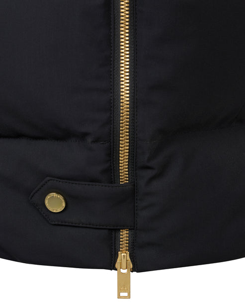 Close-up of a black garment with a gold zipper and gold button.